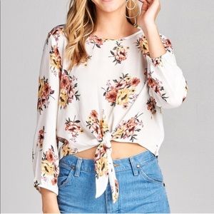 MOVING SALE Cream Floral Front Tie Knot Shirt